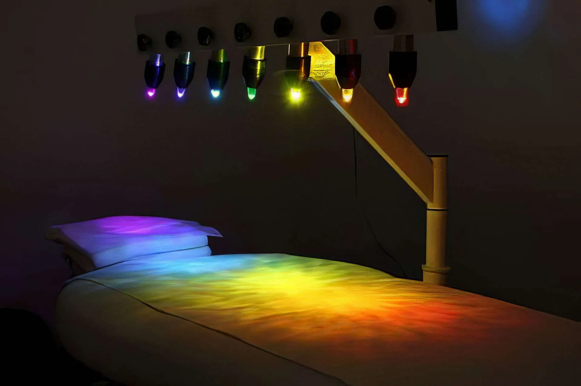Crystal light therapy bed with seven chakra-colored lights