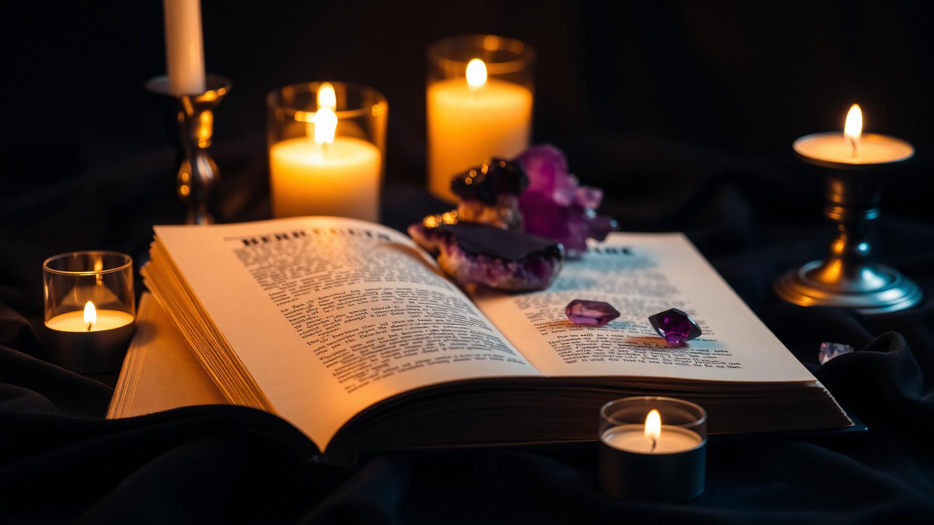 Open book by candlelight with amethyst crystals