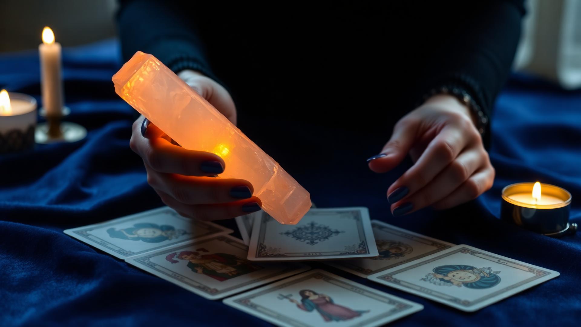 Hands holding a glowing selenite wand over a tarot spread