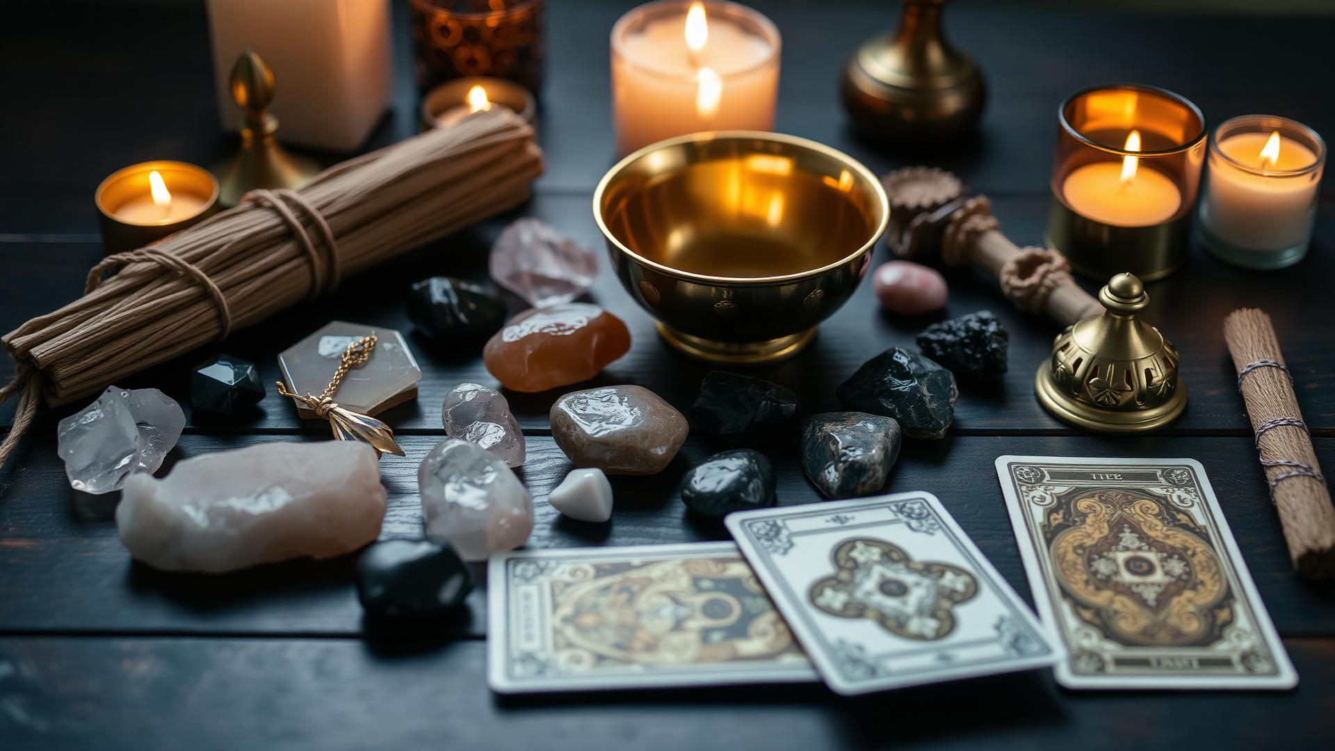 Crystals, sage, and tarot cards on a dark table by candlelight